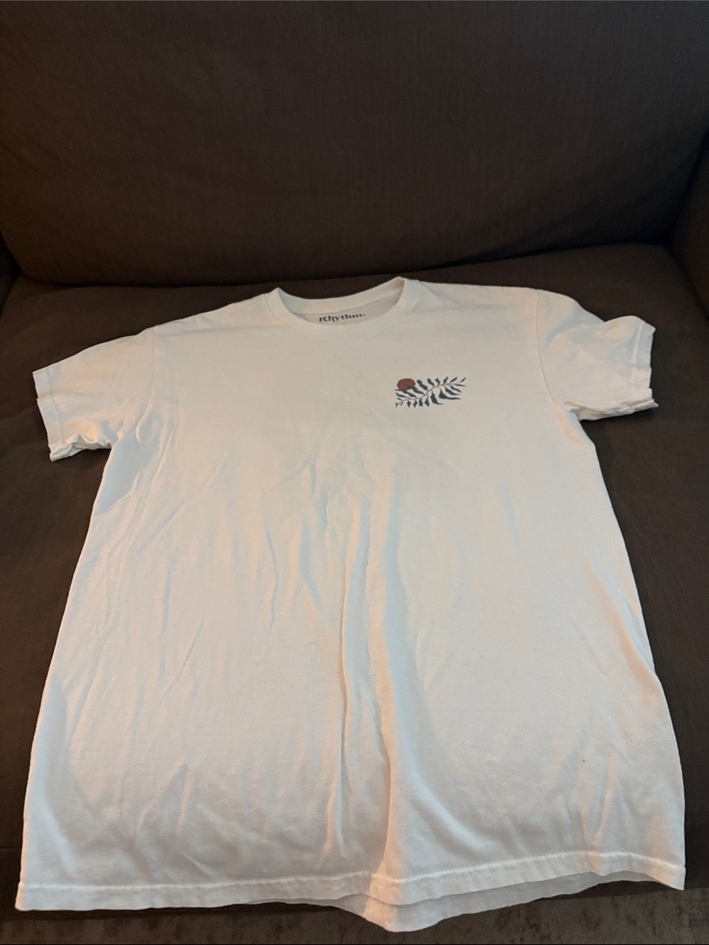 Rhythm White Short Sleeve Tee with Leaf and Sun Chest Graphic